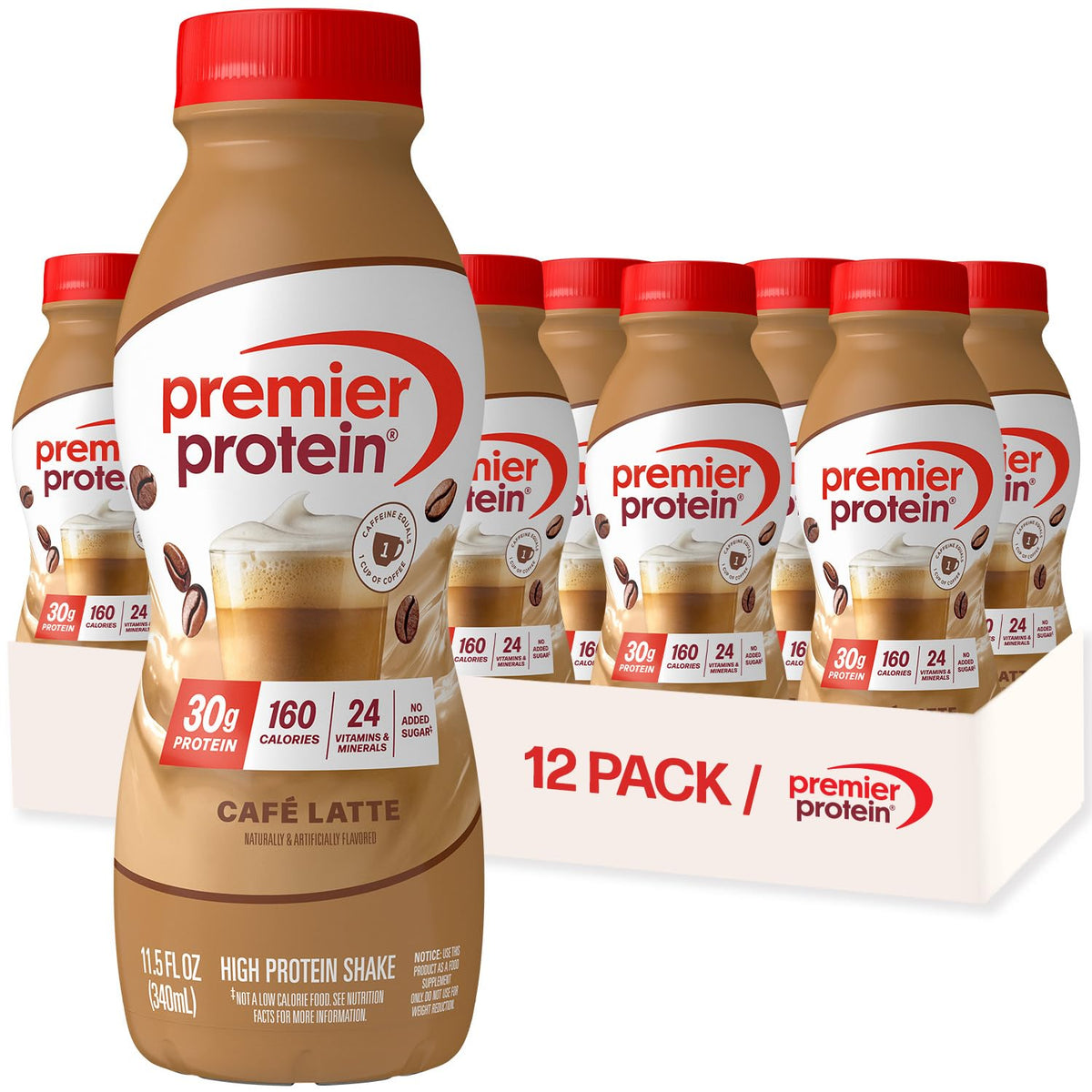 Premier Protein +Energy 30g High Protein Shake Café Latte, 11.5 Fl Oz, 12 Pack, Energy Protein Drink