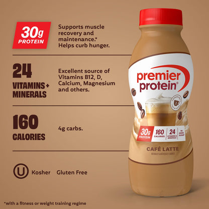 Premier Protein +Energy 30g High Protein Shake Café Latte, 11.5 Fl Oz, 12 Pack, Energy Protein Drink