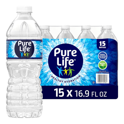 Pure Life Purified Bottled Water, 16.9 fl oz, 15 Pack, Convenient Drinking Water Bottles for Home, Office & Travel
