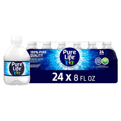 Pure Life Purified Bottled Water, 8 fl oz Mini Bottles, 24 Pack, Convenient Drinking Water for Home, School, Office & Travel