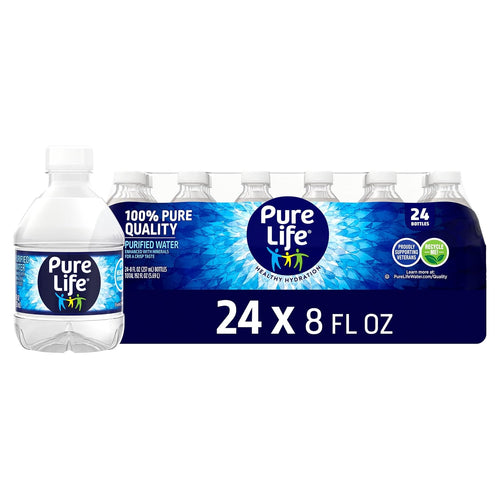 Pure Life Purified Bottled Water, 8 fl oz Mini Bottles, 24 Pack, Convenient Drinking Water for Home, School, Office & Travel