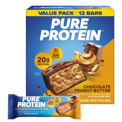 Pure Protein Chocolate Peanut Butter Protein Bars, 20g High Protein Snack, 12 Count