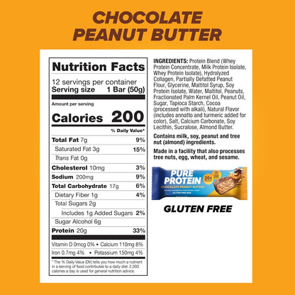 Pure Protein Chocolate Peanut Butter Protein Bars, 20g High Protein Snack, 12 Count