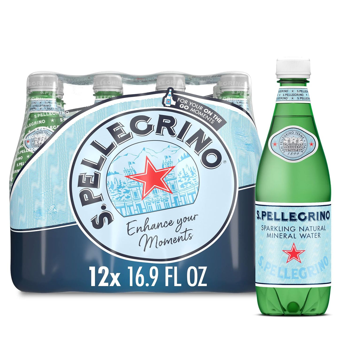 S.Pellegrino Sparkling Natural Mineral Water, 16.9 Fl Oz Plastic Bottles, 12 Pack