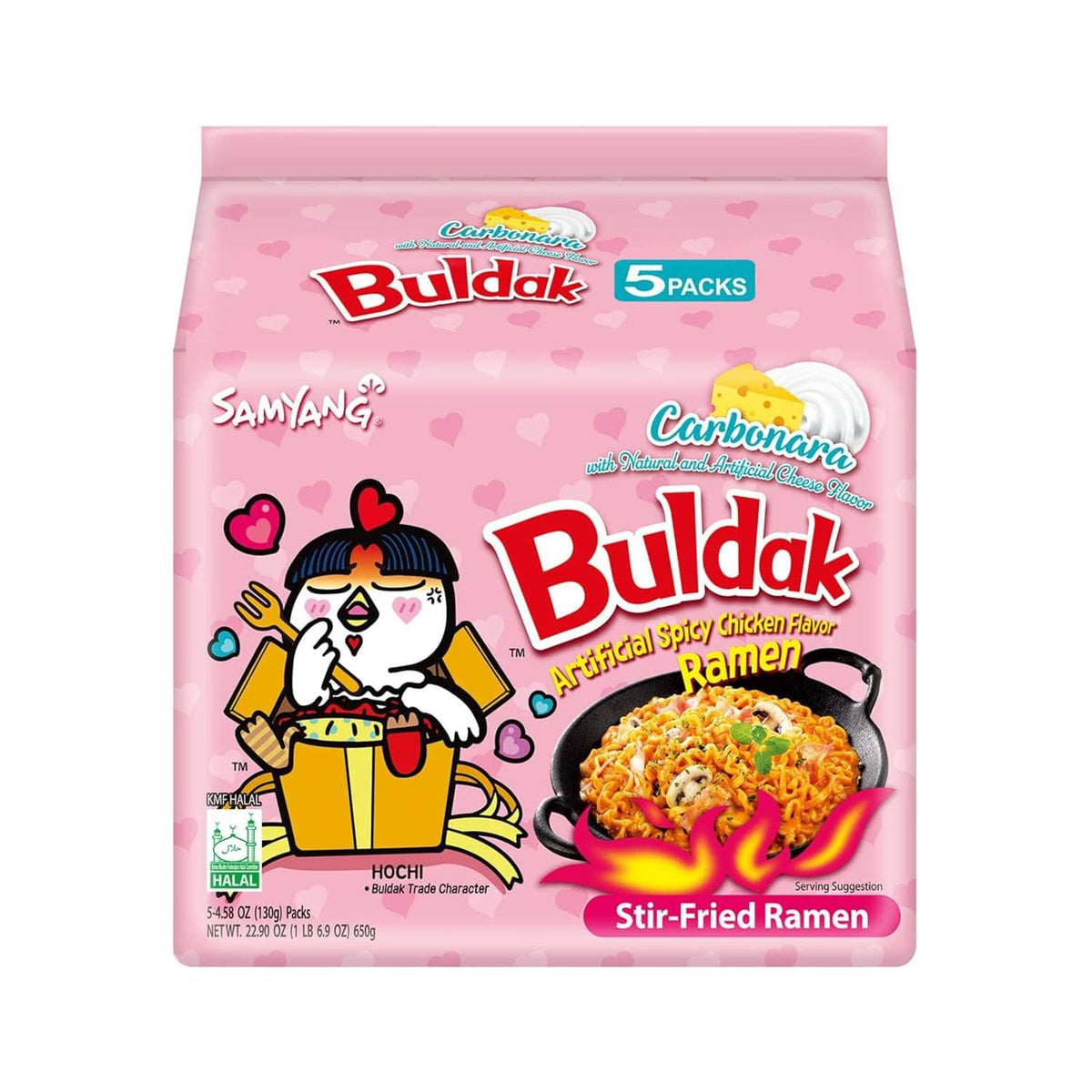 Samyang Buldak Carbonara Spicy Ramen, Hot Chicken Flavor, Korean Stir-Fried Instant Noodles, 5 Pack