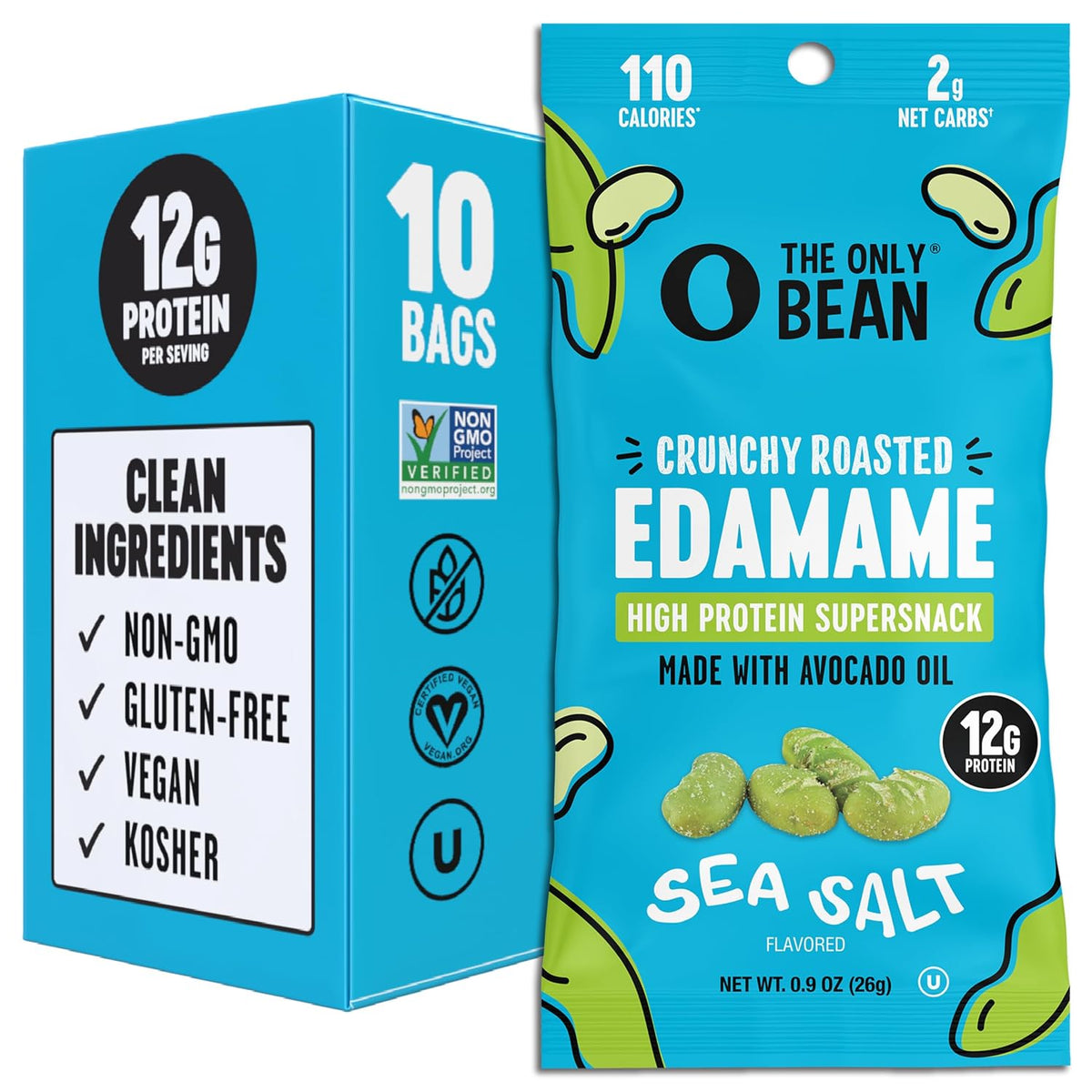 The Only Bean Crunchy Dry Roasted Edamame Snacks Sea Salt, High Protein 12g, Keto, Low Carb, Vegan, 10 Pack