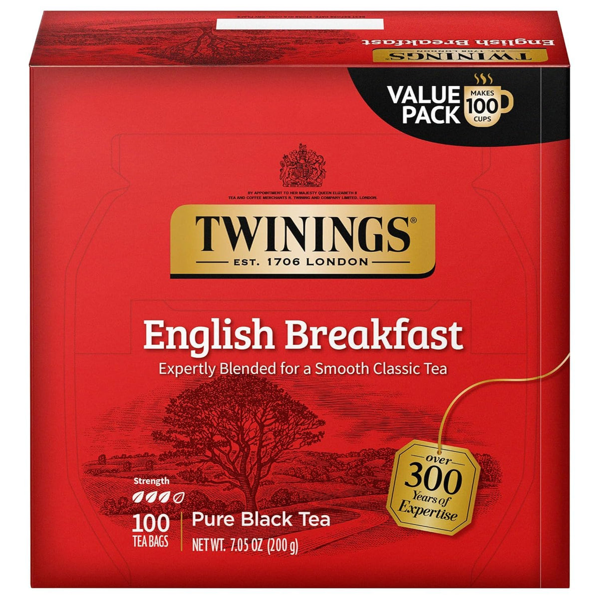 Twinings English Breakfast Black Tea Bags, 100 Count, Individually Wrapped, Robust & Smooth Caffeinated Tea, Hot or Iced