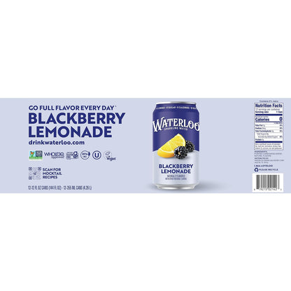 Waterloo Sparkling Water Blackberry Lemonade, 12 Fl Oz Cans, 12 Pack, Flavored Carbonated Water