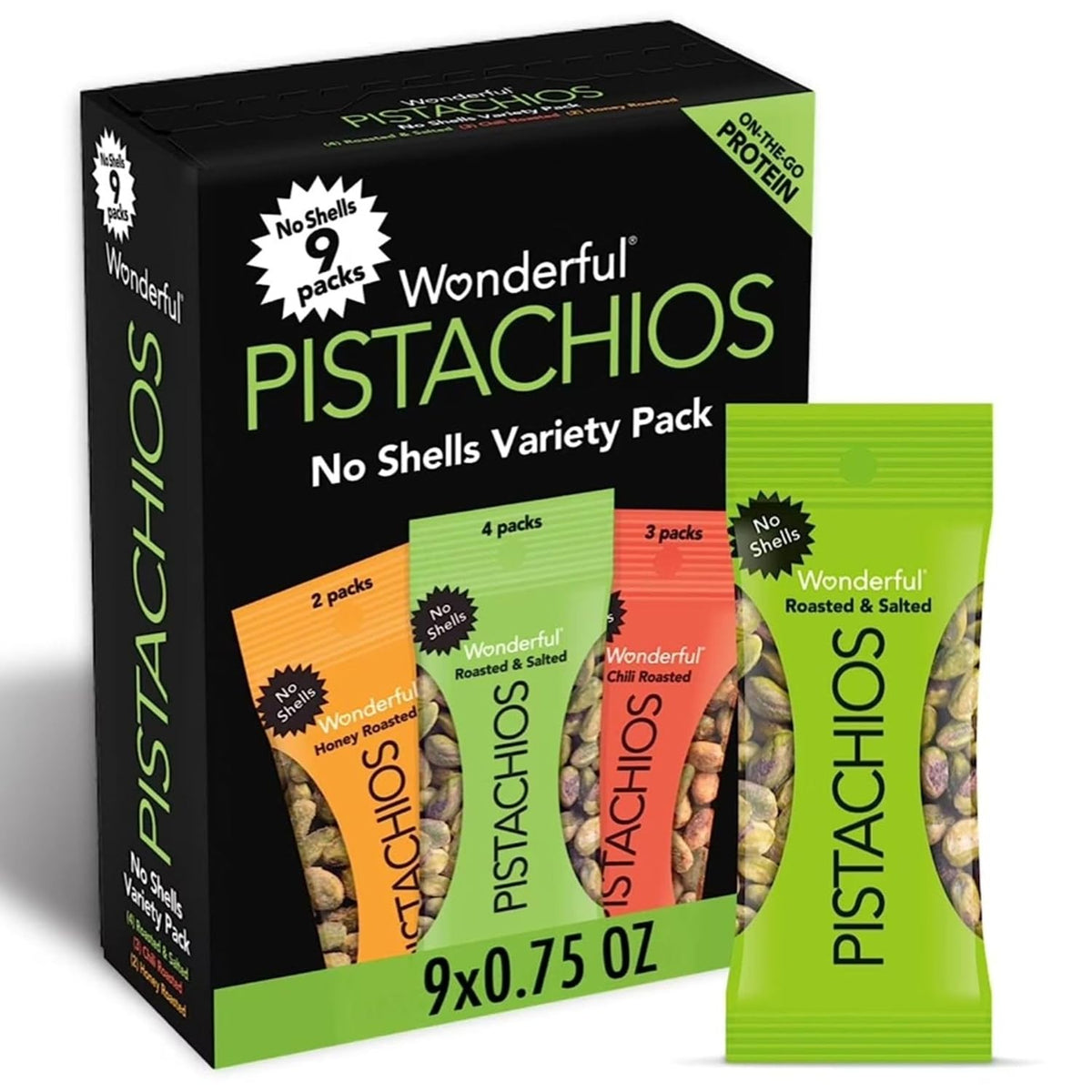 Wonderful Pistachios No Shells Variety Pack, Roasted & Salted, Chili & Honey, 0.75 Oz, 9 Count