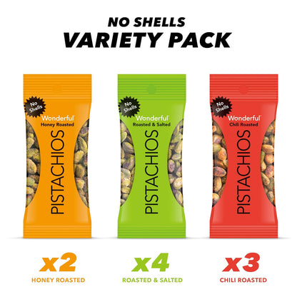 Wonderful Pistachios No Shells Variety Pack, Roasted & Salted, Chili & Honey, 0.75 Oz, 9 Count