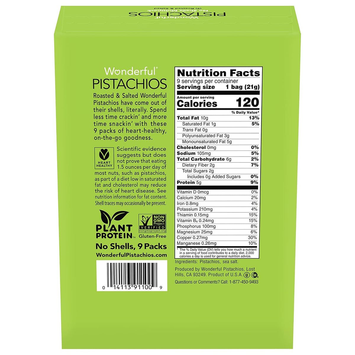 Wonderful Pistachios No Shells, Roasted & Salted Pistachio Nuts, 0.75 oz, 9 Pack